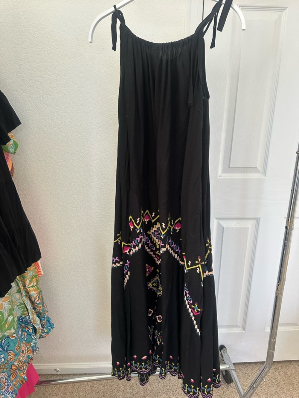 Anthropologie Black Tie-Shoulder Maxi Dress